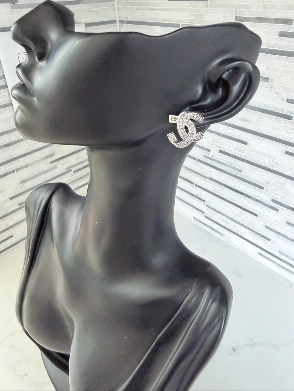 Chanel Crystal Interlocking Logo Stud Earrings - Silver